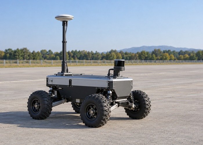 Outdoor robot with a GNSS antenna parked in an open test lane