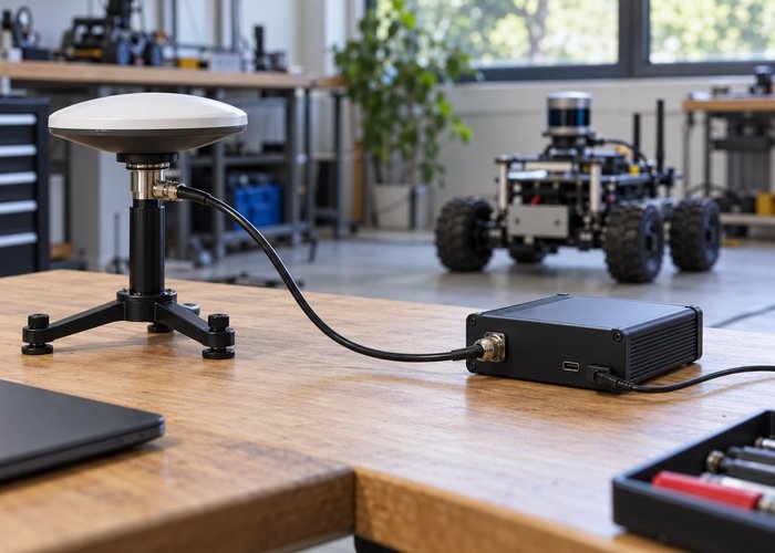 GNSS receiver and antenna on a robotics integration bench