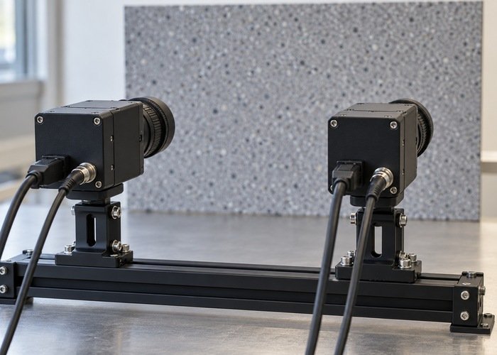 Two camera modules mounted on a rigid stereo bar in a laboratory