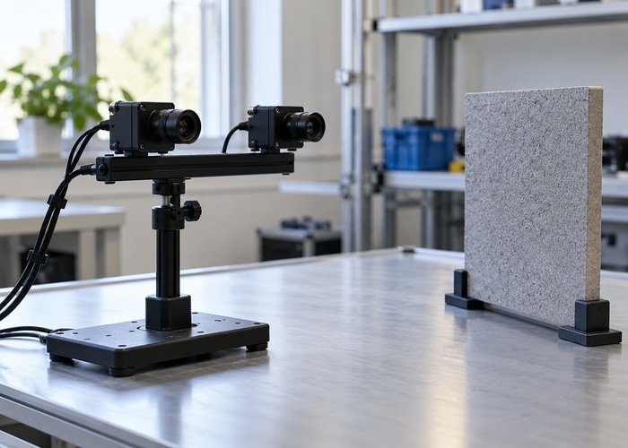 Stereo camera bar facing a stationary textured target on a clear test bench
