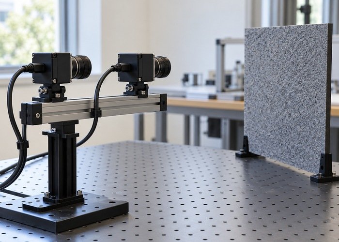 Stereo camera assembly beside a textured laboratory target