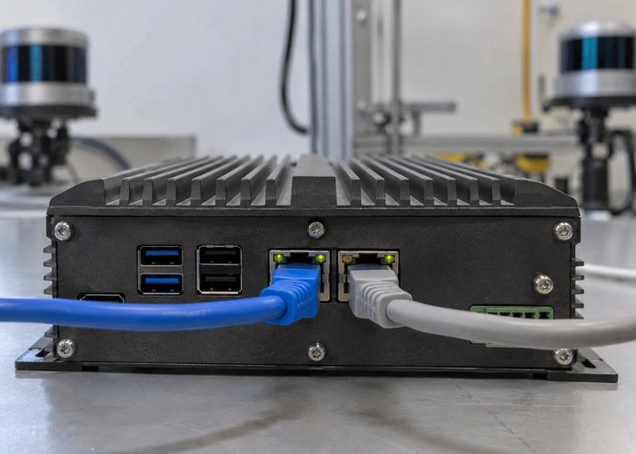 Two Ethernet cables connected to separate ports on a generic robotics computer